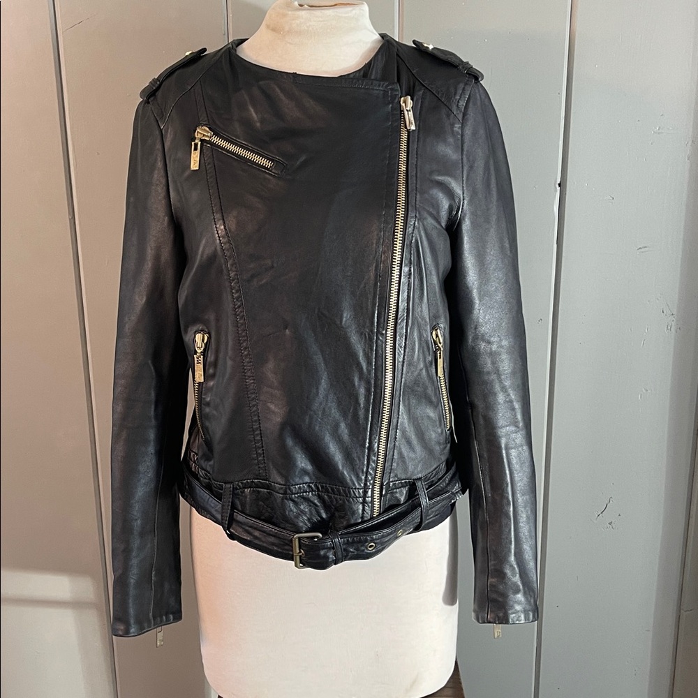 Black Rivet Motorcycle Jacket Black Leather Moto Biker Edgy Goth Glam Punk Rock